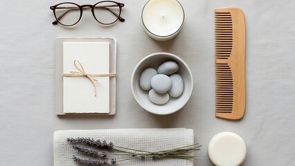 A serene and peaceful arrangement of self-care items on a light gray surface