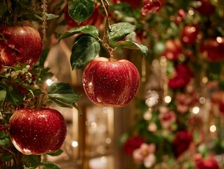 Shiny ripe apples with sparkling glitter and magical bokeh lights on decorative branches for luxury festive holiday celebration concept