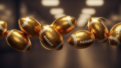 collection of golden american footballs floating in surreal environment