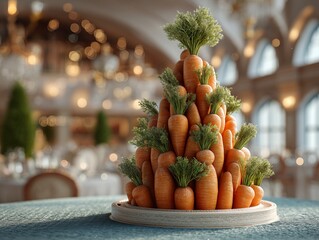 Creative Christmas tree made of fresh organic carrots with green tops on table in luxury elegant dining hall for festive holiday food concept