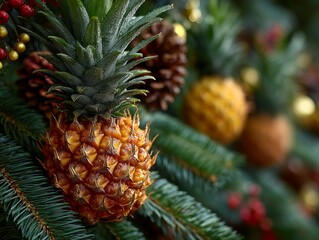 Creative tropical Christmas concept with small ripe pineapple nestled in pine tree branches with festive ornaments and holiday bokeh lights