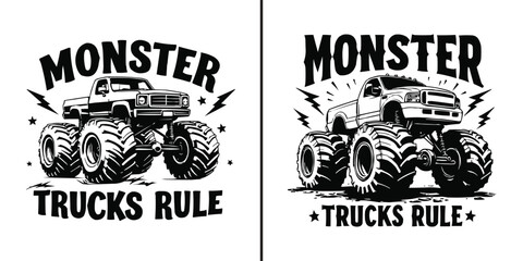Two distinct black and white vector illustrations showcase powerful monster trucks with massive tires and bold lettering proclaiming trucks rule. © Vectyx