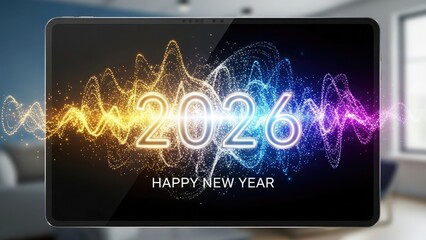 2026 Happy New Year glowing digital wave