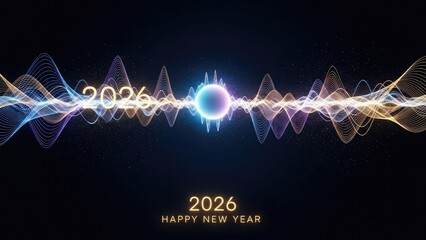2026 New Year celebration with glowing sound wave and orb