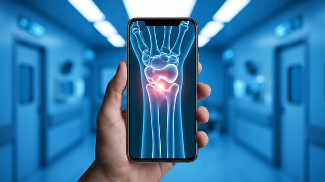 Hand holding smartphone displaying wrist x-ray with highlighted injury in hospital corridor.