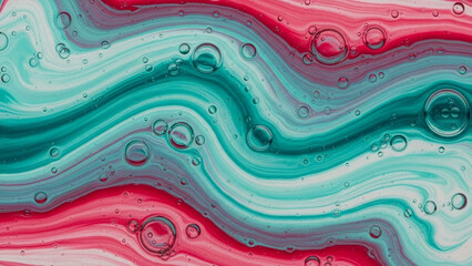 “Top-down abstract fluid art with wave-like strokes and floating bubble forms, vibrant teal and crimson colors, soft blended gradients.”