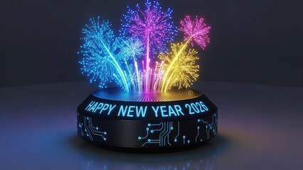 Futuristic Happy New Year 2026 fireworks display celebration