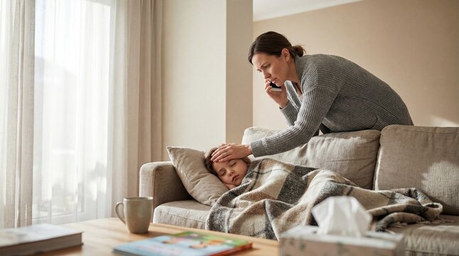 Concerned mother talking on smartphone while checking her sick daughter's temperature on the sofa at home, parenting and healthcare for flu season or childhood illness recovery