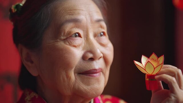 Elder's Thoughtful Smile. Chinese New Year. An elderly person (grandmother/grandfather) holding a small, simple lotus-shaped lantern. Their face is illuminated by the soft light.
