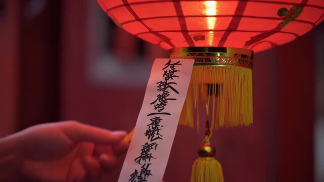 Hands Holding a Riddle. Chinese New Year. Two hands holding a small paper strip (a lantern riddle) tied to the bottom of a red lantern. The light from the lantern illuminates the writing on the paper.