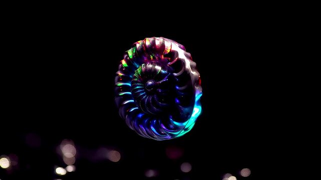 Iridescent spiral shell floating in dark space with colorful reflections, polished texture, elegant curves, and striking studio lighting detail