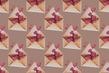 Seamless watercolor pattern of envelopes with hearts on soft neutral background, romantic decor.