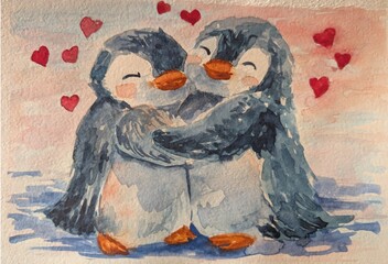 Cute watercolor illustration of two penguins hugging with hearts, love and Valentine&rsquo;s Day concept.