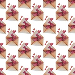 Set of repeating watercolor envelopes with hearts, romantic elements for seamless patterns and designs.
