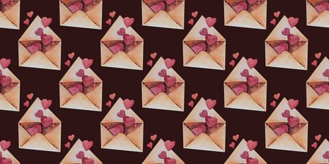 Seamless watercolor pattern with love letters and hearts on dark background, romantic design.