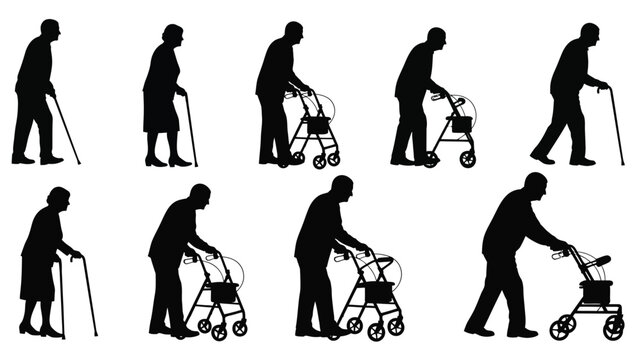 Diverse group of elderly people in various poses a striking silhouette