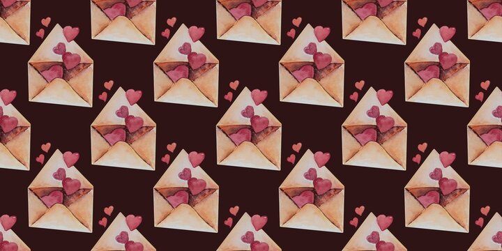 Seamless watercolor pattern with love letters and hearts on dark background, romantic design.