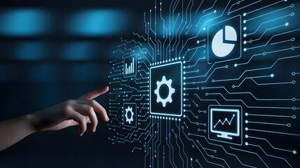 Hand interacting with futuristic digital interface displaying gears, graphs, and charts on circuit board background, representing technology and innovation