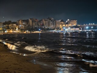 Dusk scenery with shimmering city lights and tranquil surf