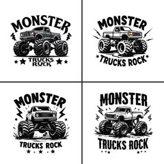 Collection of four distinct black and white monster truck designs featuring bold typography proclaiming trucks rock for graphic apparel. © Vectyx