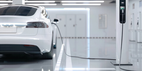 Electric Vehicle Charging at High Tech Station in Ultra Modern Smart City Environment Representing Sustainable Transport and Clean Energy Innovation.