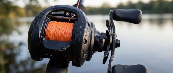 Close up of a black baitcasting fishing reel with bright orange line at a calm lake during sunset, angling equipment for outdoor recreation and sport fishing adventure