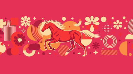 Fototapeta premium Majestic Red Horse Galloping Through Abstract Floral Patterns.