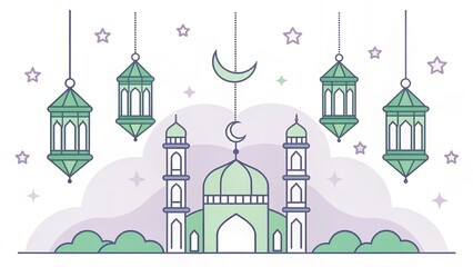 Festive Islamic Mosque with Lanterns and Crescent Moon Celebration Spiritual Architecture Night Sky Cultural Heritage Ramadan Decoration AI Generated