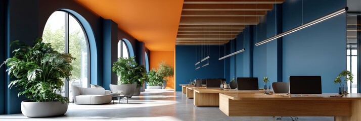 Contemporary open-plan office with blue and orange accents and indoor plants
