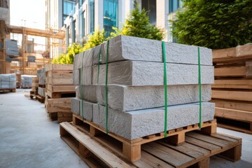 Stacks of granite slabs on wooden pallets in urban construction area