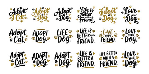 Collection of charming pet adoption and appreciation typography designs featuring various phrases about cats and dogs © Vectyx
