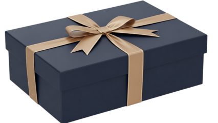 Dark blue gift box with brown ribbon and bow isolated on transparent background
