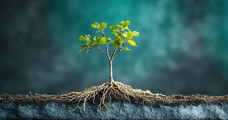 A small tree with visible roots grows in the soil against a dark background, showcasing nature's life cycle.