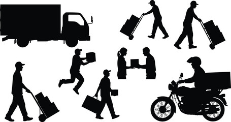 Delivery truck, courier service, logistics workers, parcel handling, shipping icons, transportation silhouettes, express delivery, cargo movement, ecommerce support, black vector illustration