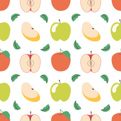Apple doodle vector seamless pattern. Organic vitamins and healthy nutrition.Hand draw flat trendy style apple. Abstract repeated backgrounds. For paper, cover, fabric, gift wrap, wall art, interior.