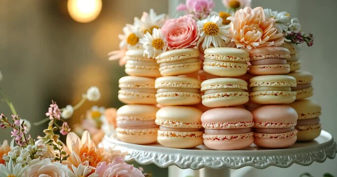 A close-up shot showcases a tower of pastel macarons adorned with flowers, presented on an elegant cake stand.