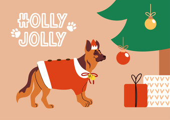 Naklejka premium holly jolly Festive German Shepherd wearing a red Santa suit and hat at Christmas tree with gifts