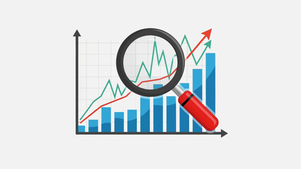 Magnifying Glass Examining Bar Graph Data.