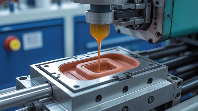 Injection molding machine nozzle injecting molten plastic into a metal mold cavity producing a plastic part, representing manufacturing process and mold filling control.