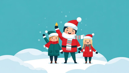 Happy family in Santa hats and winter clothes celebrating Christmas in the snow festive illustration for holiday greeting cards and winter season concepts