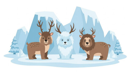 Three arctic animals including reindeer and a polar bear standing in a snowy landscape with ice formations and pine trees vector illustration for winter themes
