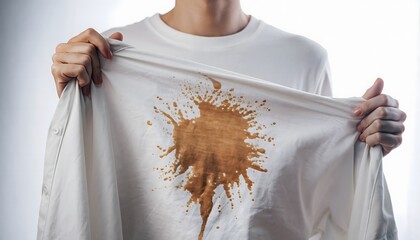 Accidental Coffee Spill Creating a Stubborn Brown Stain on a White T-Shirt, Requiring Urgent Laundry Care