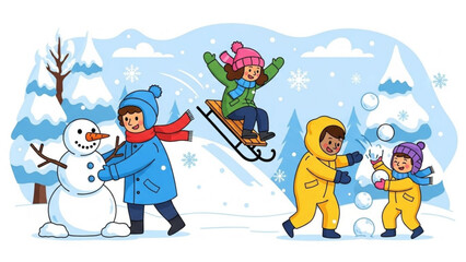 Children playing in the snow building a snowman and sledding down a hill winter outdoor activity illustration for holiday concepts