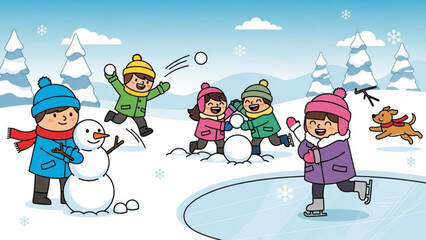 Children playing in the snow building a snowman and having a snowball fight with a dog running on an icy pond winter outdoor activity illustration