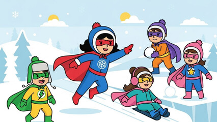 Children dressed as superheroes enjoying winter activities playing in the snow with sleds and snowballs perfect for holiday or seasonal themes