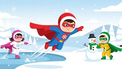 Children in superhero costumes playing in the snow ice skating and building a snowman winter fun and childhood concept vector illustration