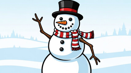 Friendly snowman character wearing a top hat and striped scarf waving in a snowy winter landscape perfect for holiday greetings and seasonal designs