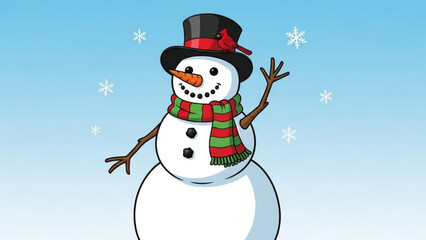 Friendly snowman waving hello wearing a top hat and scarf with a cardinal bird set against a snowy blue sky perfect for winter holiday designs