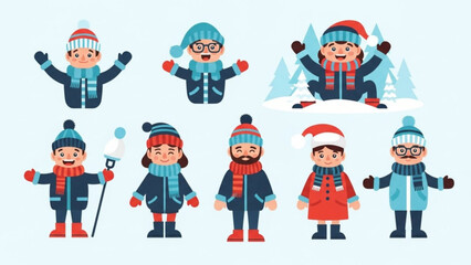 Collection of cute cartoon children in winter clothing diverse characters with hats and scarves perfect for holiday and seasonal design elements