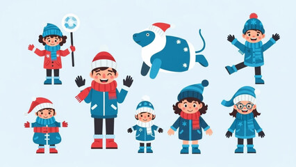 Collection of cute winter characters including children and a dog dressed in warm clothing perfect for holiday and seasonal design elements